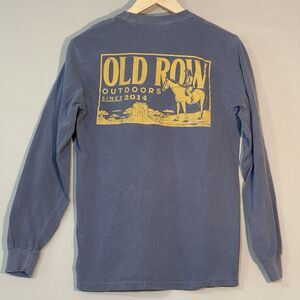Old Row Shirt Mens S Blue Graphic Long Sleeve Pocket Cotton Crew Neck 80s Cowboy
